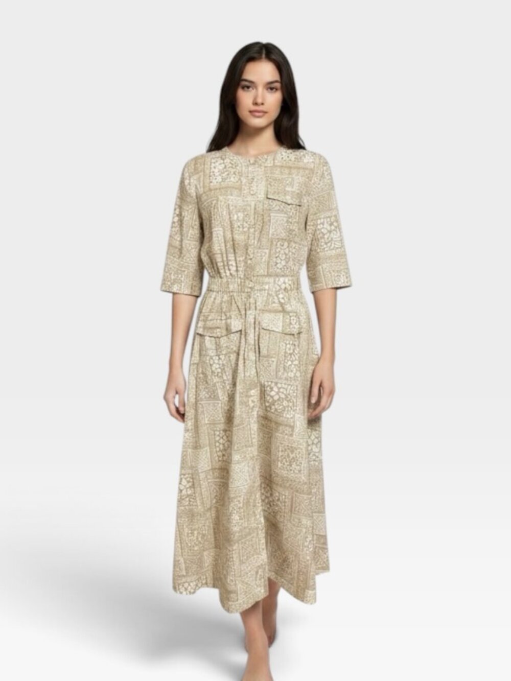 NWOT LOFT Tapa Print Shirtdress Sz 4 Coastal Grandmother Resort Midi Cotton Boho
